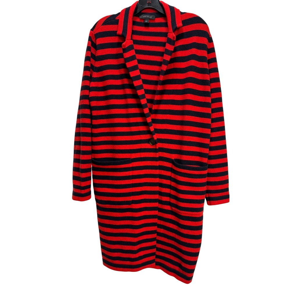 Ann Taylor Coatigan  Large Red Navy Blue GUC Striped Long‎ Cardigan americana
